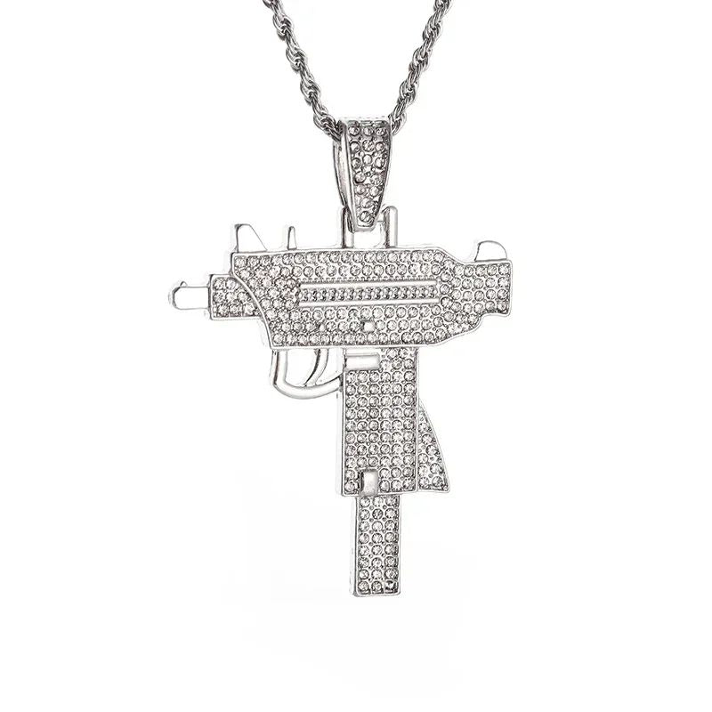 Pingente de Pistola com Gelo Cravejado Bling Colar de Metralhadora Masculino Personalidade Hip Hop Rock Punk Joia Legal para Festa de Rua Presente