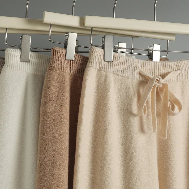 Spring Autumn Women High Waist Wool Wide Leg Pants Solid Soft Warm 100% Merino Wool Knitted Trousers Belt Casual Korean Fashion