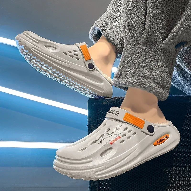 Men Cotton Slippers Winter Warm Furry Clogs Soft Indoor Bedroom Cotton Shoes EVA Fluff Slides Casual Comfortable Plush