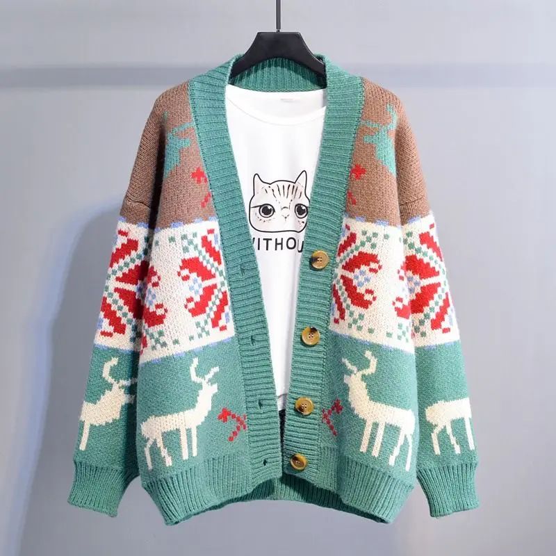 Knitted  Christmas Sweater Knit Sweaters For Men Cardigan Couple Vintage Sweater Cardigans Coat Y2K Jacket Men's Clothing