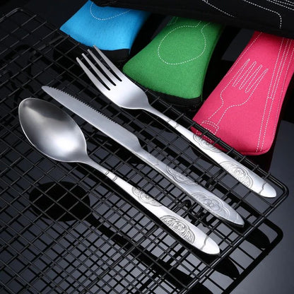 7/3 Peças Conjunto de Talheres de Aço Inoxidável para Acampamento ao Ar Livre Faca de Bife Garfo Colher para Comida Ocidental Bolsa de Pano Criativa Portátil