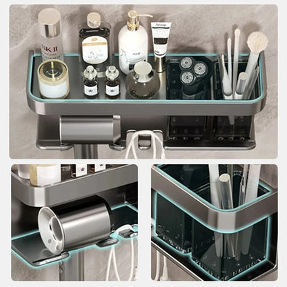 Wall Mounted Hair Dryer Holder Storage Shelf Hairdryer Rack Organizer Bathroom Accessories No-Drilling Shower Shelf Aluminum