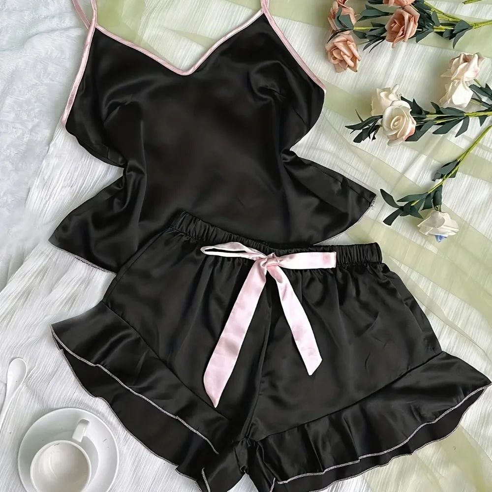 Women's Smooth Satin Pajamas V-Neck Top Ruffled Edges and Bow Shorts Simple and Breathable Pajama Set Sling Home Clothing