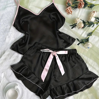 Women's Smooth Satin Pajamas V-Neck Top Ruffled Edges and Bow Shorts Simple and Breathable Pajama Set Sling Home Clothing