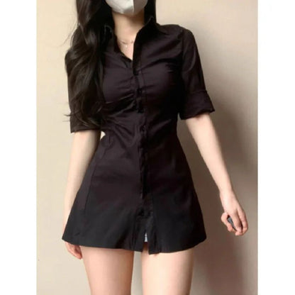 Pure Korean Style Slim Fit Shirt Dress Women's Waist Cinched Sexy Collar Design Mini Dress Fashionable Casual Workwear
