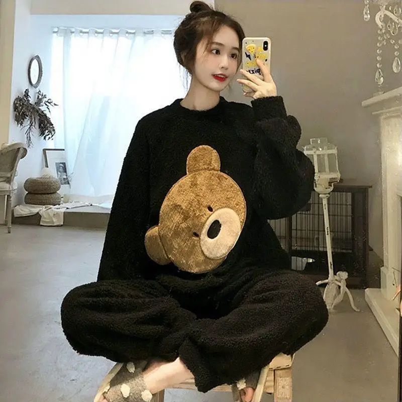 Thickened Warm Women Winter Two Pieces Set Flannel Homewear Pajamas O-Neck Loose Cute Cartoon Bear Ladies Sleepwear Loungewear
