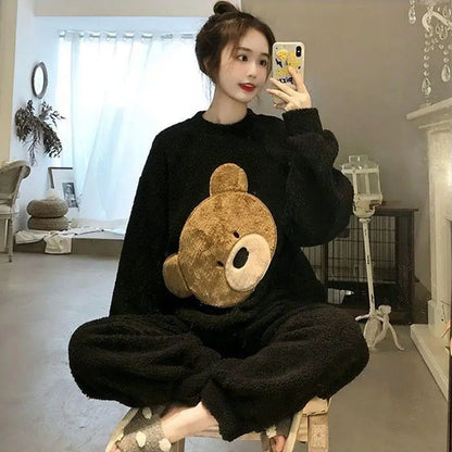 Thickened Warm Women Winter Two Pieces Set Flannel Homewear Pajamas O-Neck Loose Cute Cartoon Bear Ladies Sleepwear Loungewear