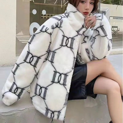 Ladies Thickened Cotton Lamb Fur Jacket Korean Style Winter Outerwear Loose Versatile Trendy Coat Warm Comfortable Soft Material