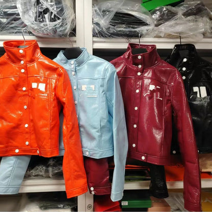 Trendy Luxury French Cou Logo Silhouette PU Leather Jacket Black Wine Red Short Coat Half Skirt Set Women's Fashion Outerwear