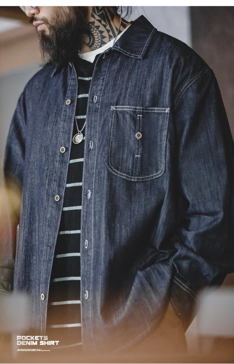 Maden Vintage Washed Pockets Denim Shirt for Men Casual Button Down Long Sleeve Shirt Male Loose Workwear Tops Large Pocket