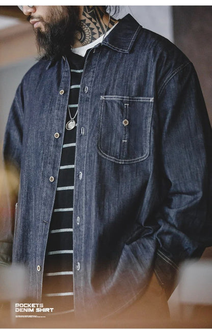 Maden Vintage Washed Pockets Denim Shirt for Men Casual Button Down Long Sleeve Shirt Male Loose Workwear Tops Large Pocket