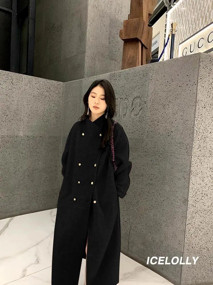 Light Grey Woolen Coat Women's Long Loose Korean Style Fashionable Autumn Winter New Arrival Polyester Fiber Full Sleeve