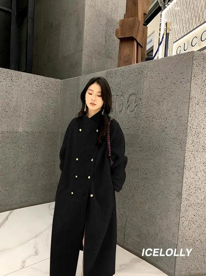 Light Grey Woolen Coat Women's Long Loose Korean Style Fashionable Autumn Winter New Arrival Polyester Fiber Full Sleeve