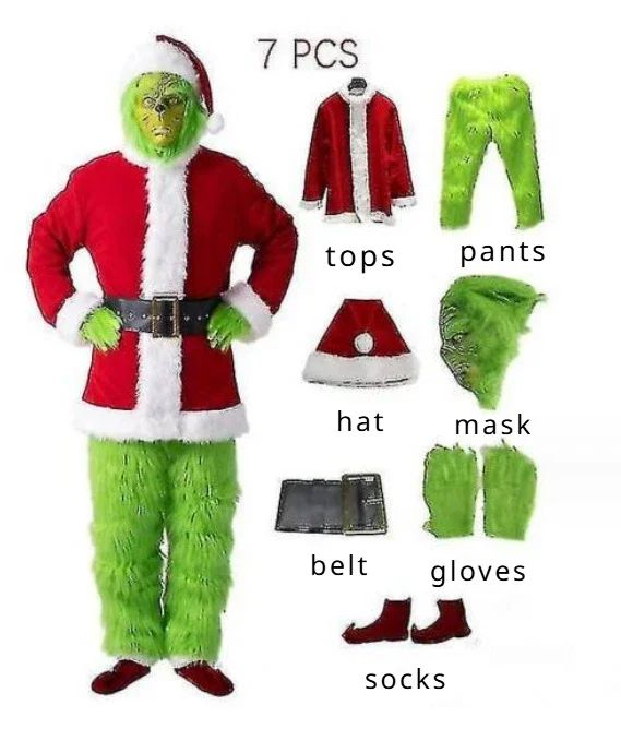 Santa Claus Costume Set Christmas Party Prom Adult Role Playing Green Monster Shaggy Halloween Cosplay Suit Gloves Mask