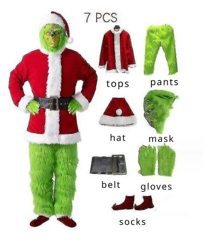 Santa Claus Costume Set Christmas Party Prom Adult Role Playing Green Monster Shaggy Halloween Cosplay Suit Gloves Mask