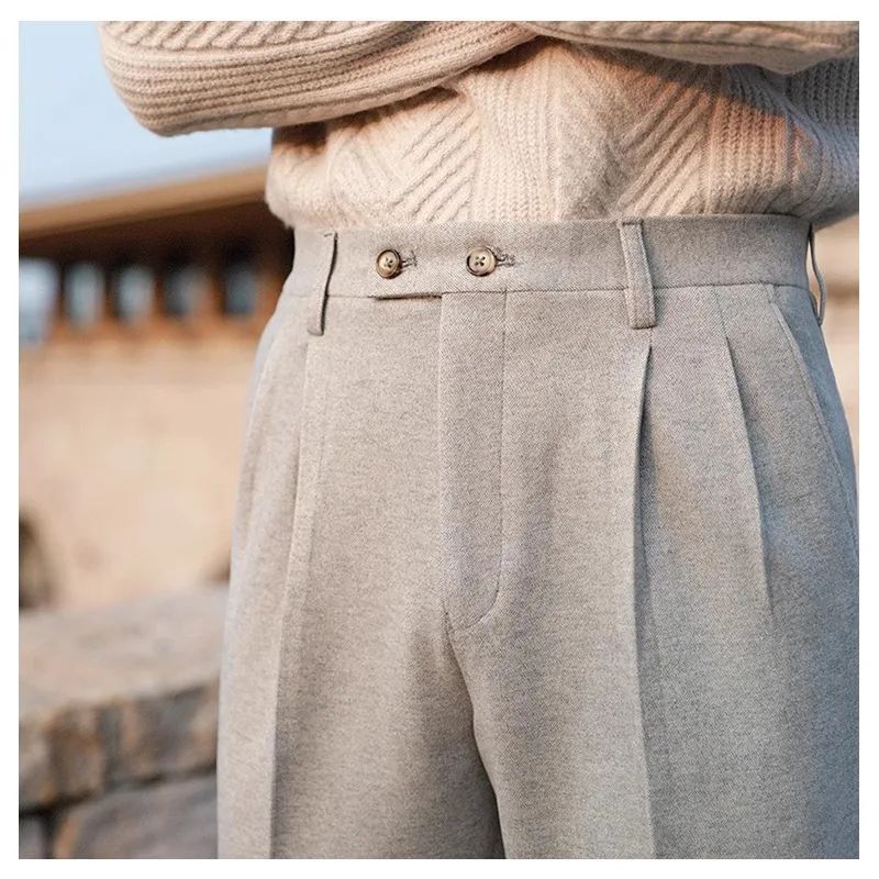 Men's Neapolitan High Waist Autumn Winter Woolen Trousers Straight Leg Drapey No Iron Business Pants Casual Scene