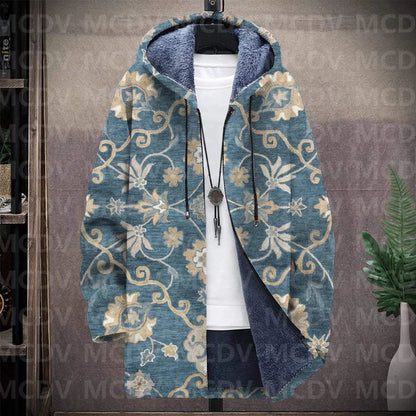 Men's Retro Flower Print Plush Thick Long-Sleeved Coat Fleece Hooded Overcoat Unisex Thick Warm Jacket-12 style