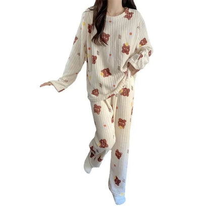 Autumn and Winter Coral Fleece Pajamas Set for Women Warm Lined  Loungewear Cozy Home Sleepwear Christmas Gift