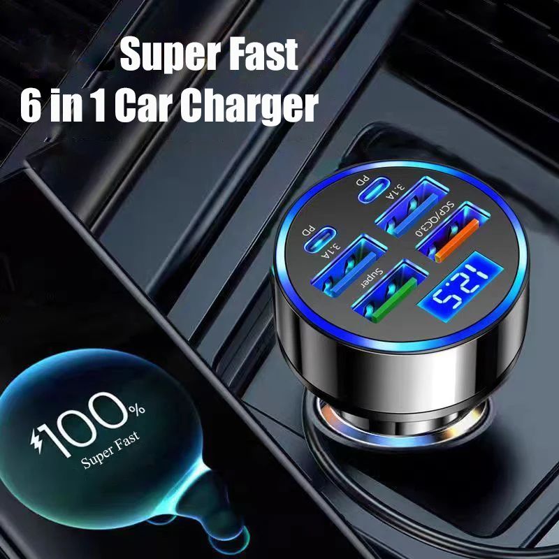 Carregador de Telefone UYUXIO 6 em 1 USB C Adaptador com Display de Voltagem Carregamento Super Rápido no Carro para iPhone 16 15 Pro Max Samsung