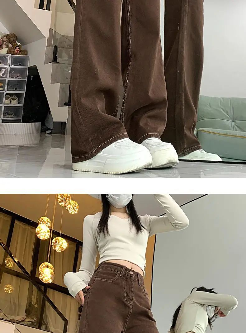 Cafe Brown Versatile Wide Leg Jeans Women's Spring Autumn High Waist Slimming Small Size Loose Drapey Straight Floor-Length Pant