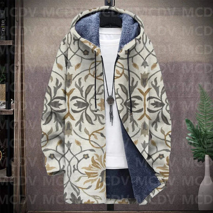 Men's Retro Flower Print Plush Thick Long-Sleeved Coat Fleece Hooded Overcoat Unisex Thick Warm Jacket-12 style