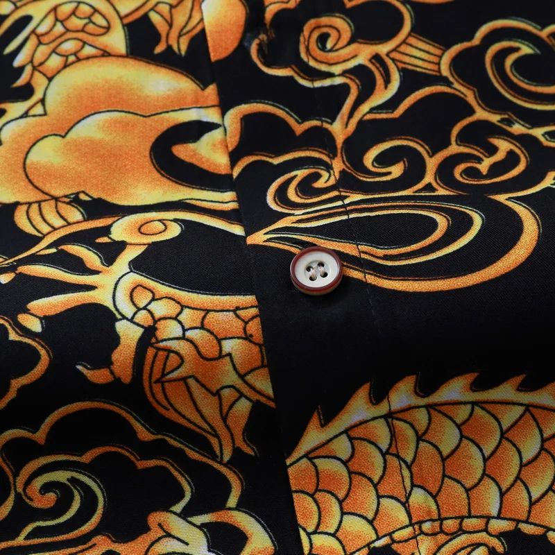 Thin Black Men's Long-sleeved Printed Shirt, Chinese Dragon Print Decoration, Blue Single-breasted Lapel Shirts,Asian Size M-7XL