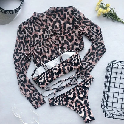 Long Sleeve 3 Piece Swimsuit High Cut Leopard Cover Up Push Up Bikini Separate Sports Bandage Bathing Suit Thong Swimwear 2025