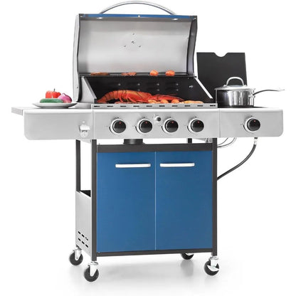 4-Burner Propane Gas BBQ Grill with Side Burner & Porcelain-Enameled Cast Iron Grates,Patio Backyard Barbecue