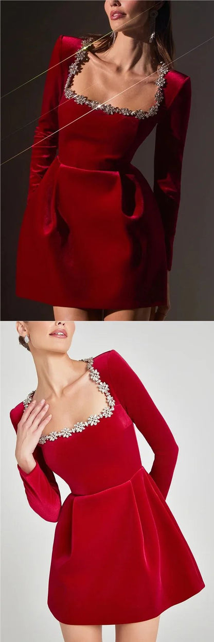 Elegant Short Velvet Dress with Diamond Embellishment Square Collar Independent Station Cross-border Spring Women's Fashion