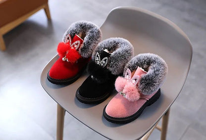 Winter Girls Boots Princess Snow Boots Leather Sport Shoes For Girl Children Warm Boots Fashion Soft Bottom Kids Sneakers