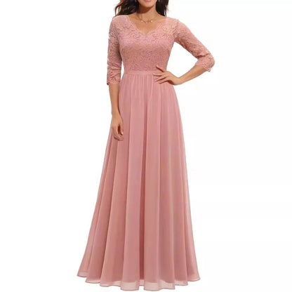 New 6-Color 5-Size Lace Splicing Long Waist-Cinching Elegant Dress Floor-Length V-Neck Polyester Fiber Evening Gown Dress