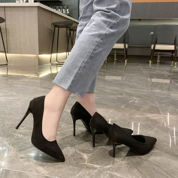 High Heels Women's New Women's Shoes Pointed Shallow Mouth Single Shoes Fine Heel Suede Black Fashion Shoes Women Large Size