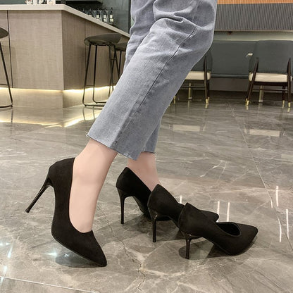 High Heels Women's New Women's Shoes Pointed Shallow Mouth Single Shoes Fine Heel Suede Black Fashion Shoes Women Large Size