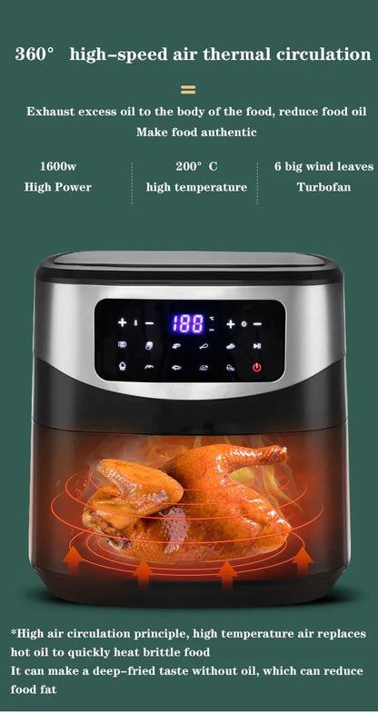 Atualizar Fritadeira Elétrica Doméstica de 1600W, 8L, com Painel Touch Screen, Capacidade para Pizza, Fritadeira sem Óleo e sem Sal, Panela Elétrica Touch Screen