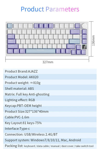 AJAZZ AK820 Teclado Mecânico para Jogos Sem Fio Hot Swap, Layout 75%, Switches Trocáveis, Conectividade de Três Modos