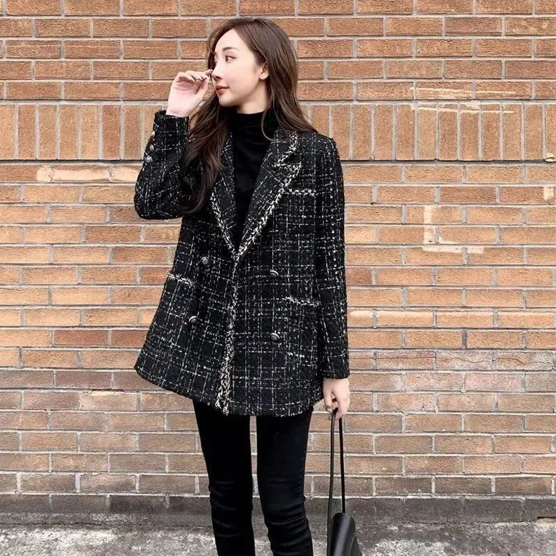 Thickened Cotton Tweed Coat for Women Spring Loose Plaid Outerwear Cozy Style Large Size Patchwork Small Suiting
