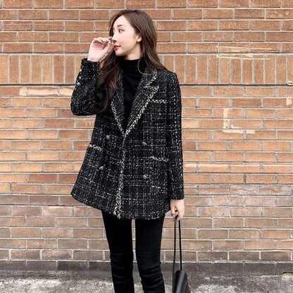 Thickened Cotton Tweed Coat for Women Spring Loose Plaid Outerwear Cozy Style Large Size Patchwork Small Suiting
