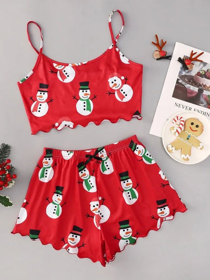 Women's Sleepwear Soft Christmas Festival Cute Gingerbread Print 2 Pieces Pajama Set Crop Tops and Shorts Loungewear
