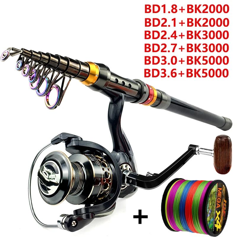 Conjunto Vara e Carretilha de Pesca Spinning 1.8-3.6m Fibra de Carbono para Pesca em Mar e Carretel de Metal com Relação de Recolhimento 5.2:1 com Linhas para Baixo e Carpa
