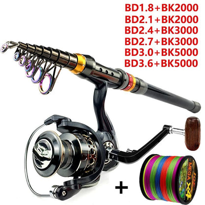 Conjunto Vara e Carretilha de Pesca Spinning 1.8-3.6m Fibra de Carbono para Pesca em Mar e Carretel de Metal com Relação de Recolhimento 5.2:1 com Linhas para Baixo e Carpa