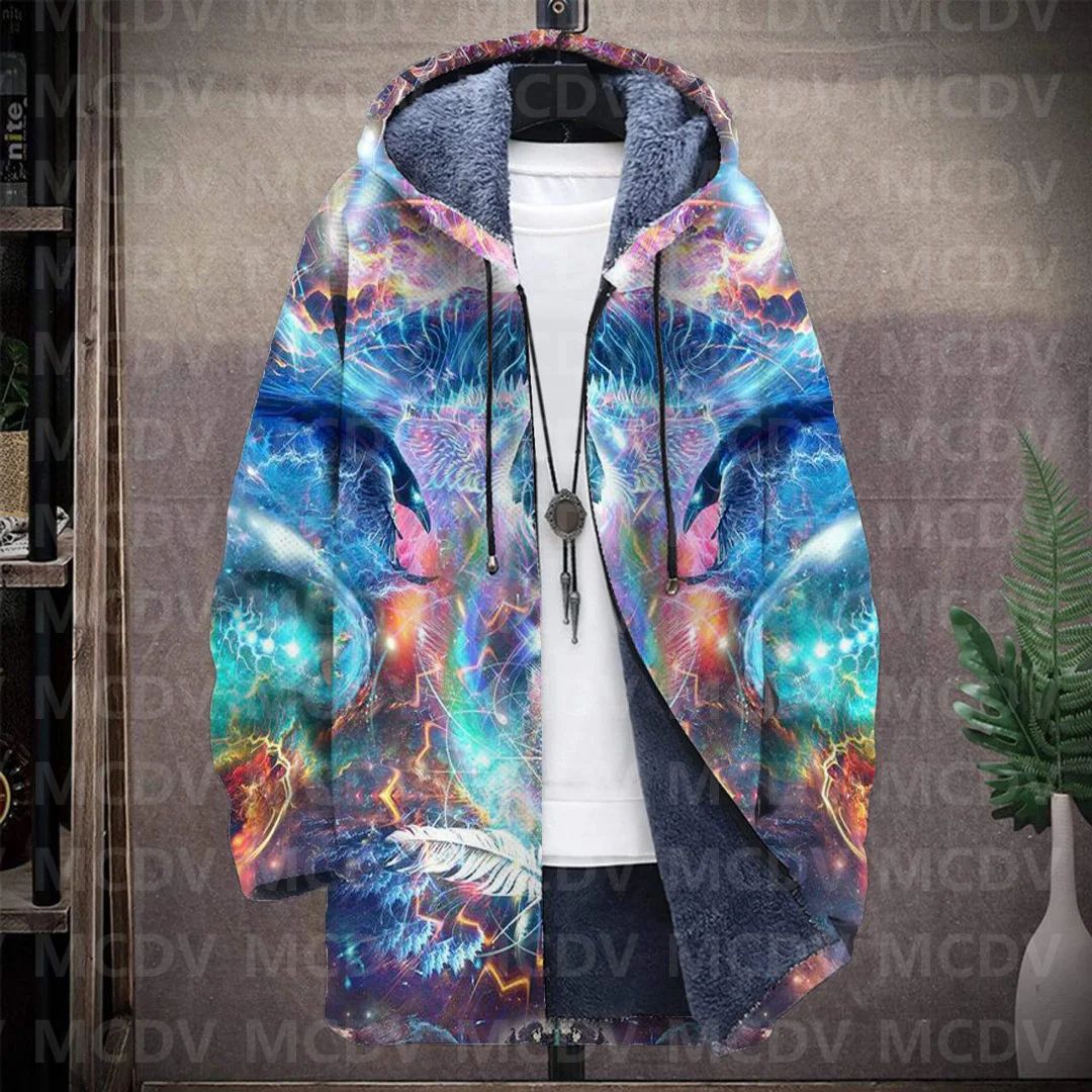 Men's Retro Print Plush Thick Long-Sleeved Coat Cardigan Psychedelic 3D Prined Fleece Hooded Overcoat Unisex Thick Warm Jacket