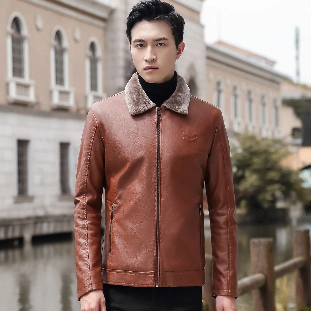 Trend Korean Slim Fit Casual Men's Leather Jacket Leather Jacket Busines Men's Fur Collar High Quality Fashion Motorcycle Jacket
