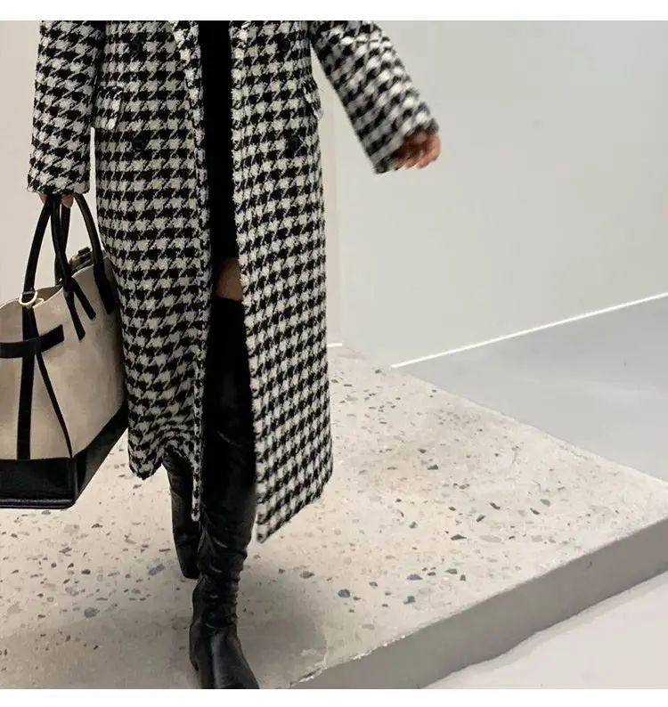 Women Autumn Winter Woolen Coat 2025 New Women Double Breasted Coat Korean Houndstooth Mid-Length Woolen Coat Lady Winter Jacket