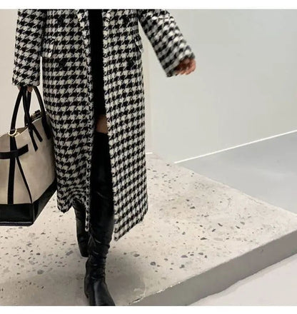 Women Autumn Winter Woolen Coat 2025 New Women Double Breasted Coat Korean Houndstooth Mid-Length Woolen Coat Lady Winter Jacket