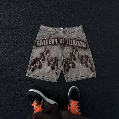 Goth Print Silk Jeans Men Shorts Street Harajuku Hiphop Vintage High Waited Denim Shorts of Men Clothing Casual Loose Pants Mens