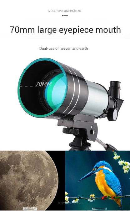 Telescópio Astronômico 150X, Telescópio Refrator Portátil de Viagem com Abertura de 70mm com Adaptador de Celular para Observação de Estrelas e da Lua
