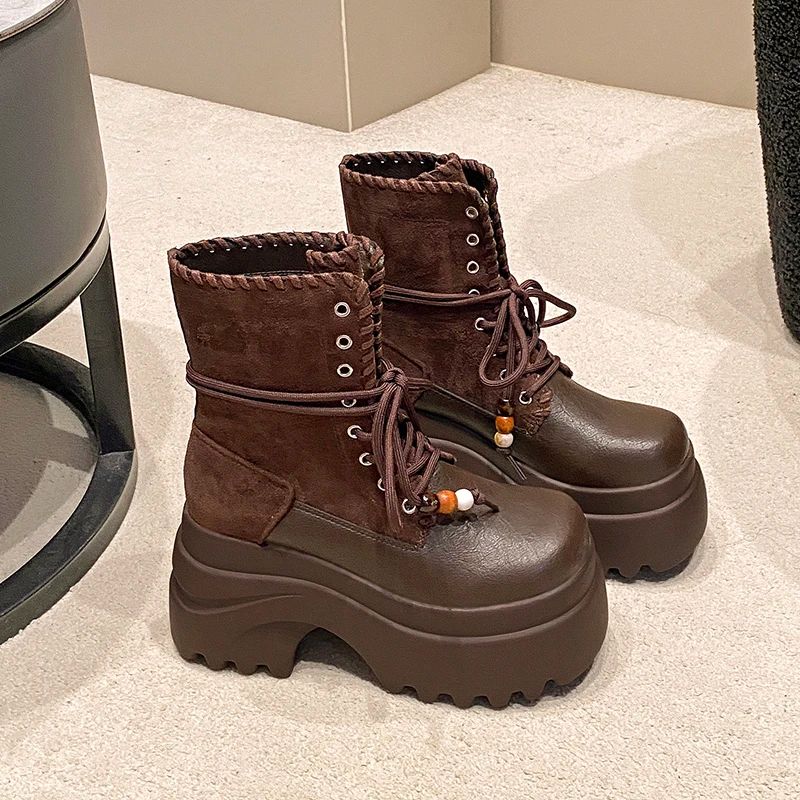 High Platform Women Motorcycle Boots 9CM Wedge Heels Walking Ankle Shoes New 2025 Autumn Winter Lace-up Modern Short Booties