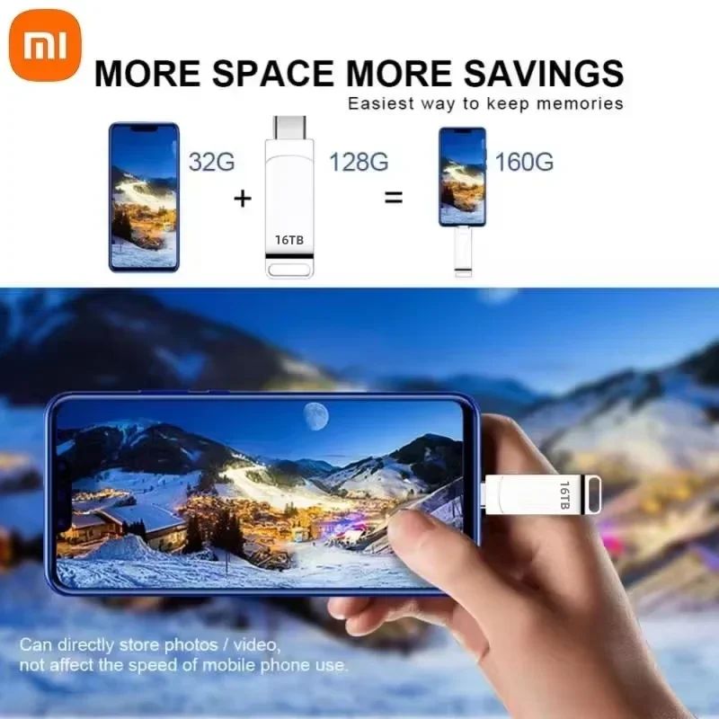 Xiaomi 16TB USB 3.2 Flash Drive 520MB/s High Speed 2 in 1 Type C OTG Pen Drive Waterproof Large Storage for Phone Computer PC