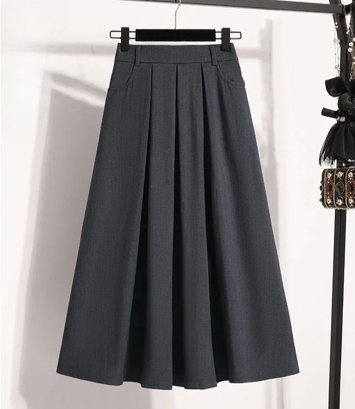 Solid Color Versatile Medium Length Skirt Pleated Plus Size A-Line Maxi Gown Cover Hip Spring Summer 2025 New Half-length Skirt