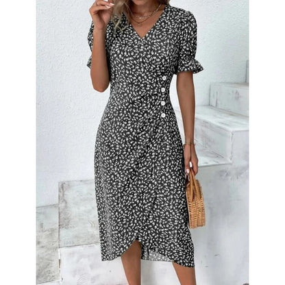 Elegant Floral Pleated H shaped Midi Dress Female V Neck Puff Sleeve Waist Ruche
